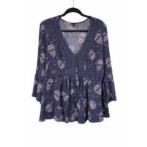 Torrid Size 3 Floral Skull Lace-Up Babydoll Gauze Top Boho Goth Whimsigoth